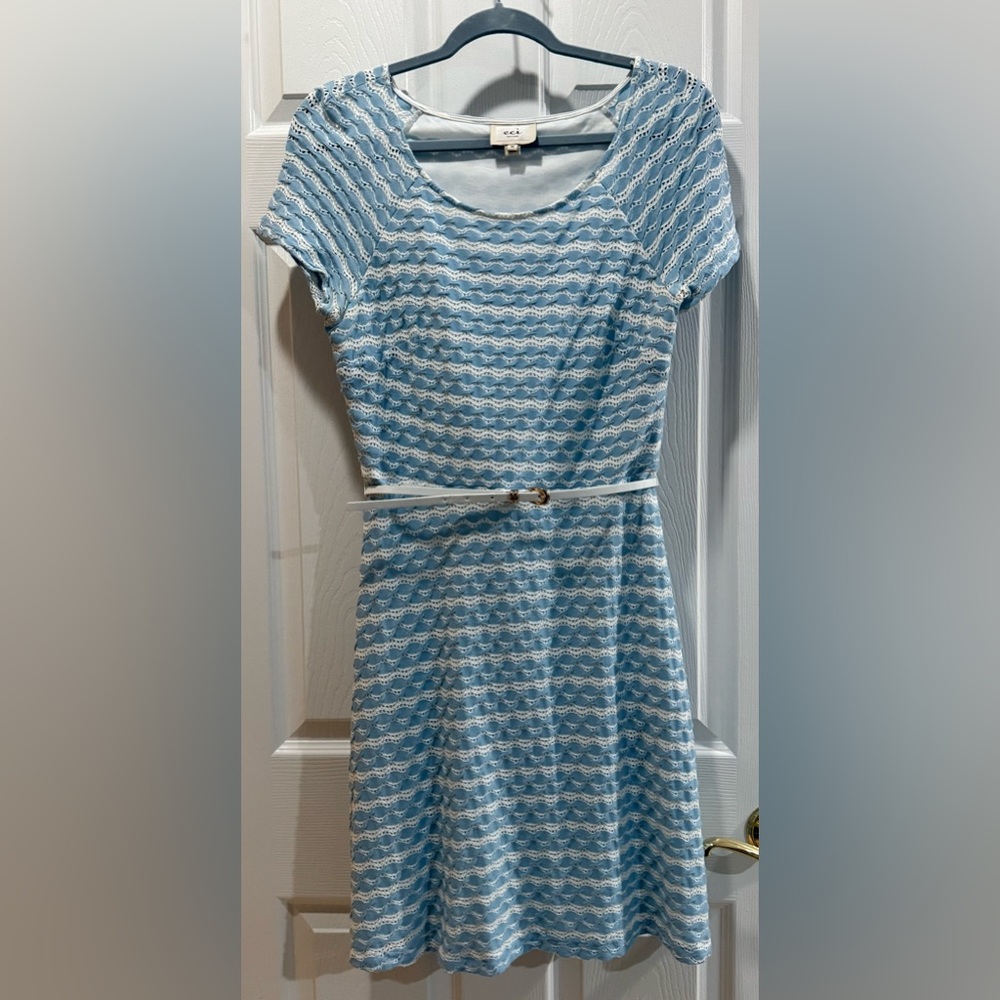 eci blue and white dress with belt